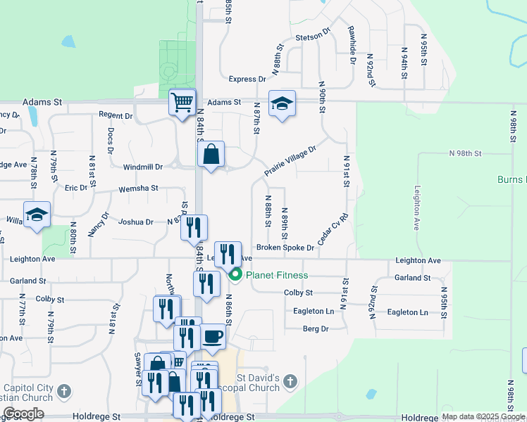 map of restaurants, bars, coffee shops, grocery stores, and more near 2462 North 88th Street in Lincoln