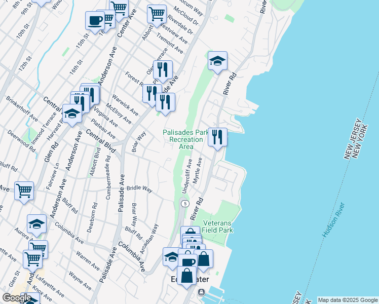 map of restaurants, bars, coffee shops, grocery stores, and more near 650 Undercliff Avenue in Edgewater