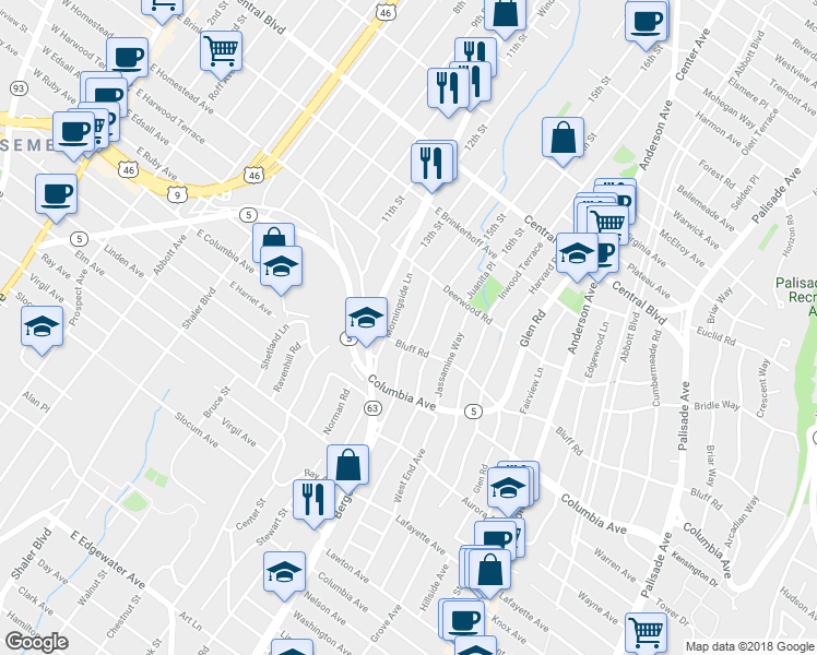 map of restaurants, bars, coffee shops, grocery stores, and more near 1051 Bergen Boulevard in Fort Lee