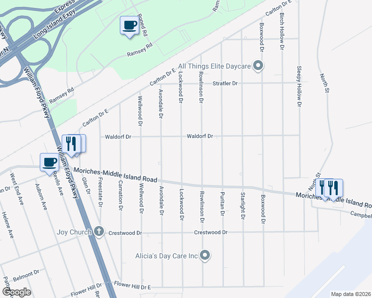 map of restaurants, bars, coffee shops, grocery stores, and more near 462 Lockwood Drive in Shirley