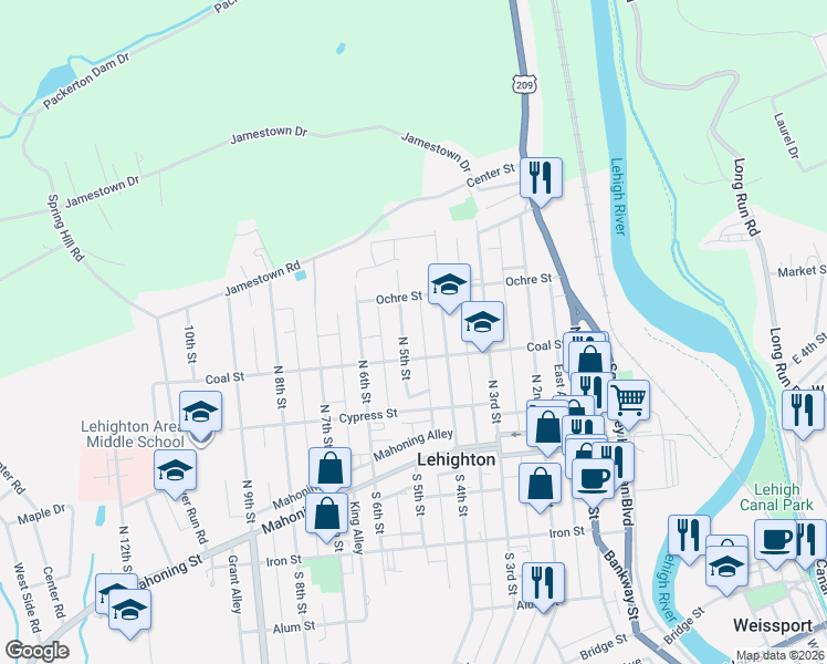 map of restaurants, bars, coffee shops, grocery stores, and more near 329 N 5th St in Lehighton