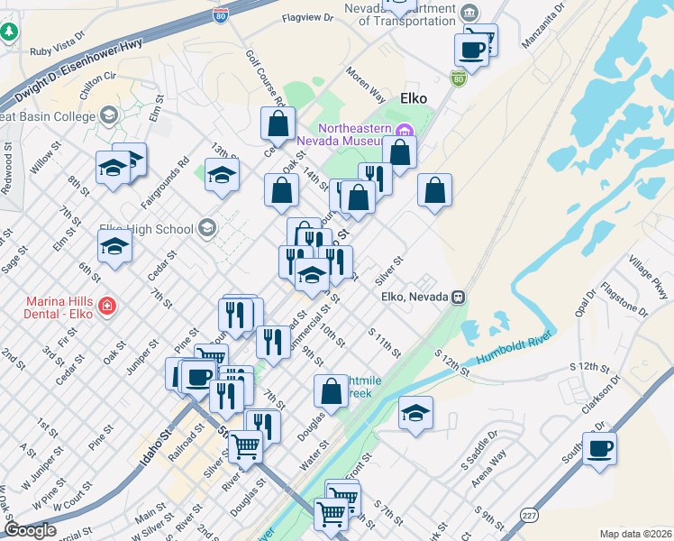 map of restaurants, bars, coffee shops, grocery stores, and more near 349 12th Street in Elko