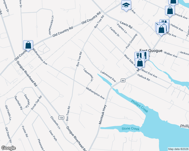 map of restaurants, bars, coffee shops, grocery stores, and more near 12 Lakewood Lane in Quogue