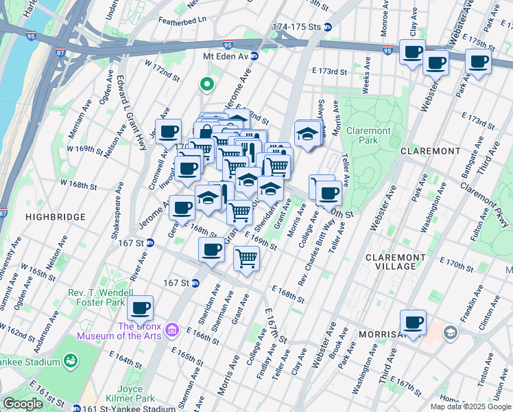 map of restaurants, bars, coffee shops, grocery stores, and more near Grand Concourse & Marcy Place in Bronx