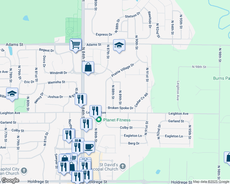 map of restaurants, bars, coffee shops, grocery stores, and more near 2462 North 88th Street in Lincoln