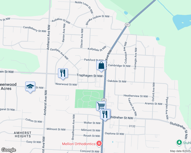 map of restaurants, bars, coffee shops, grocery stores, and more near 8224 Traphagen Street Northwest in Massillon
