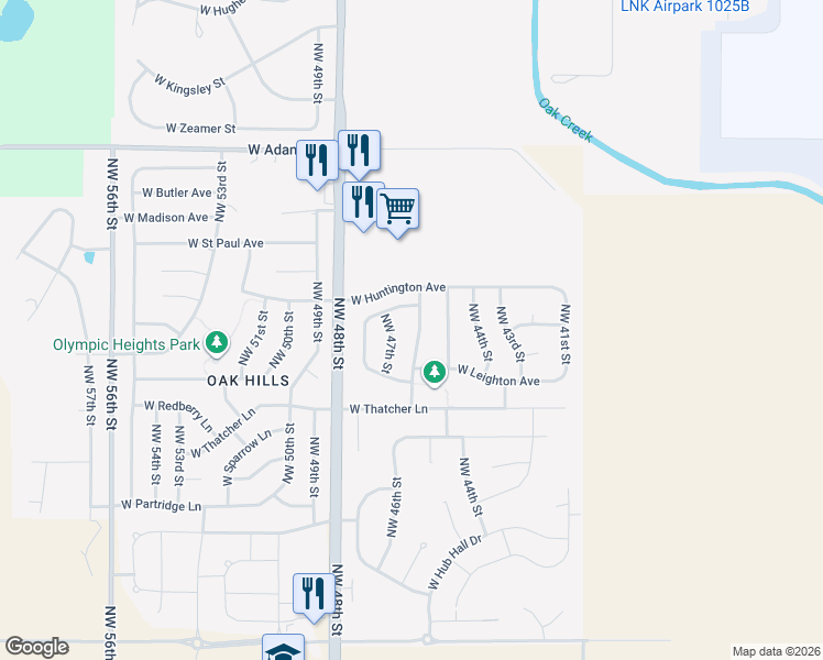 map of restaurants, bars, coffee shops, grocery stores, and more near 2409 NW 46th St in Lincoln