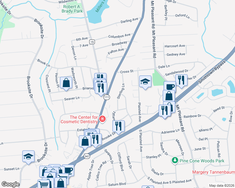 map of restaurants, bars, coffee shops, grocery stores, and more near 18 Sterling Lane in Smithtown