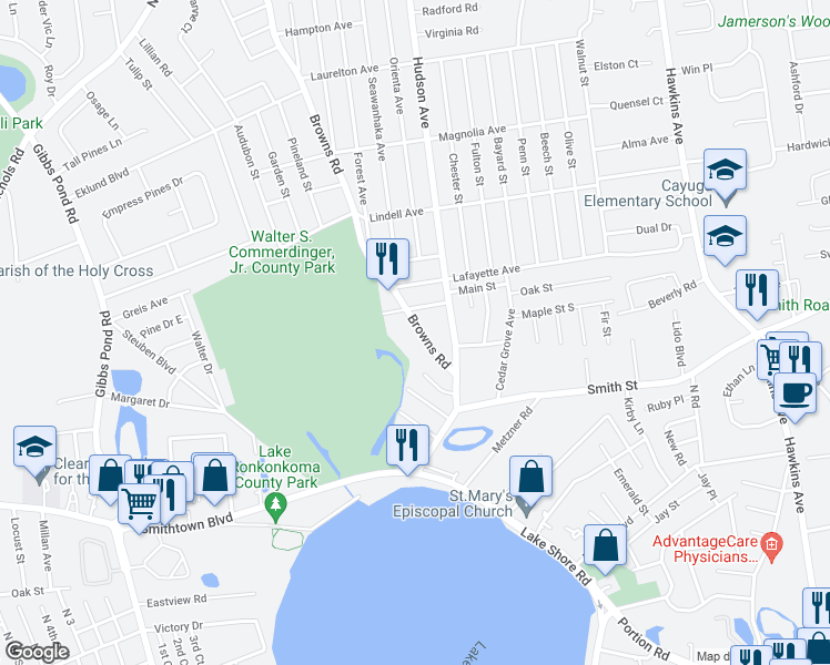 map of restaurants, bars, coffee shops, grocery stores, and more near 512 Browns Road in Nesconset