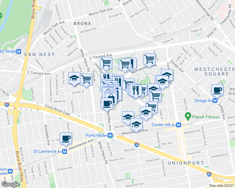 map of restaurants, bars, coffee shops, grocery stores, and more near 60 Metropolitan Oval in The Bronx