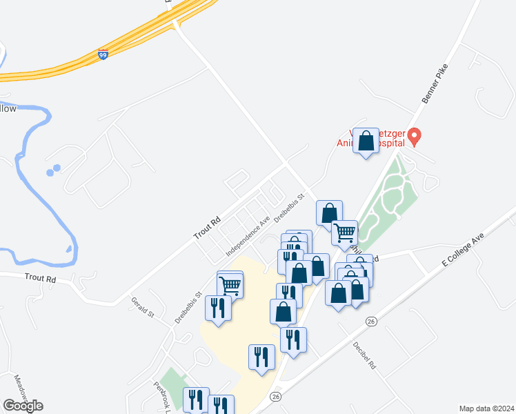 map of restaurants, bars, coffee shops, grocery stores, and more near 130 Lincoln Avenue in State College