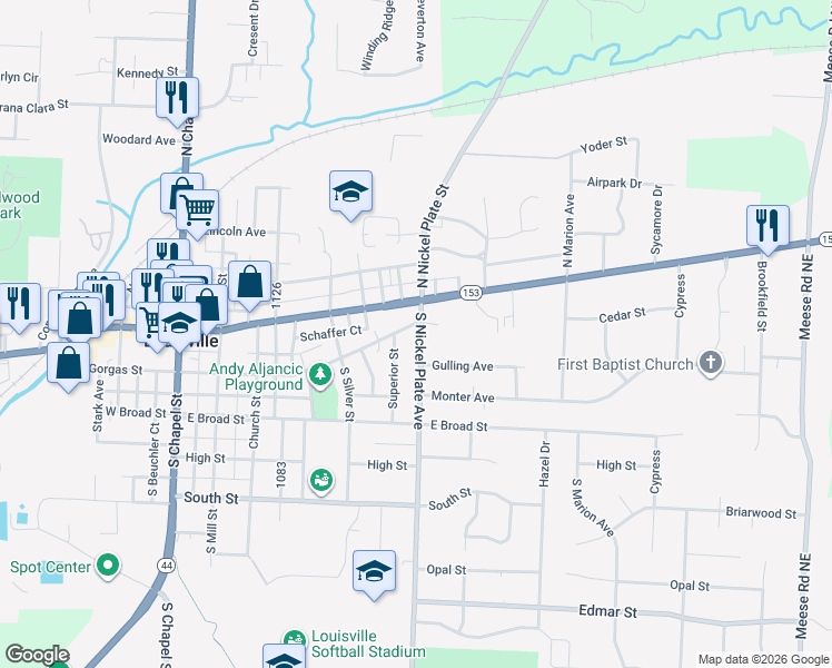 map of restaurants, bars, coffee shops, grocery stores, and more near 211 South Nickelplate Street in Louisville
