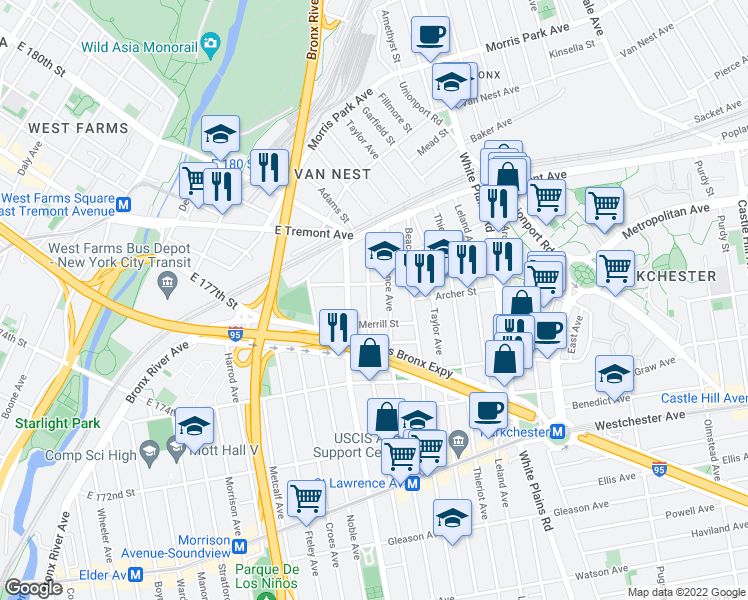 map of restaurants, bars, coffee shops, grocery stores, and more near 1484 Commonwealth Avenue in Bronx
