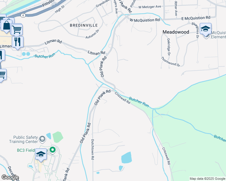 map of restaurants, bars, coffee shops, grocery stores, and more near 150 Old Plank Road in Butler