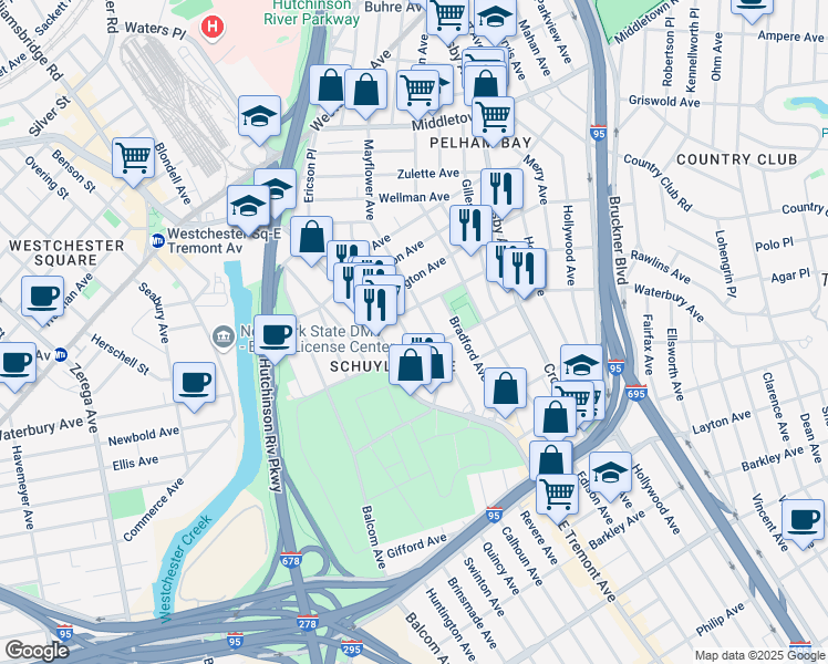 map of restaurants, bars, coffee shops, grocery stores, and more near 1314 Puritan Avenue in Bronx