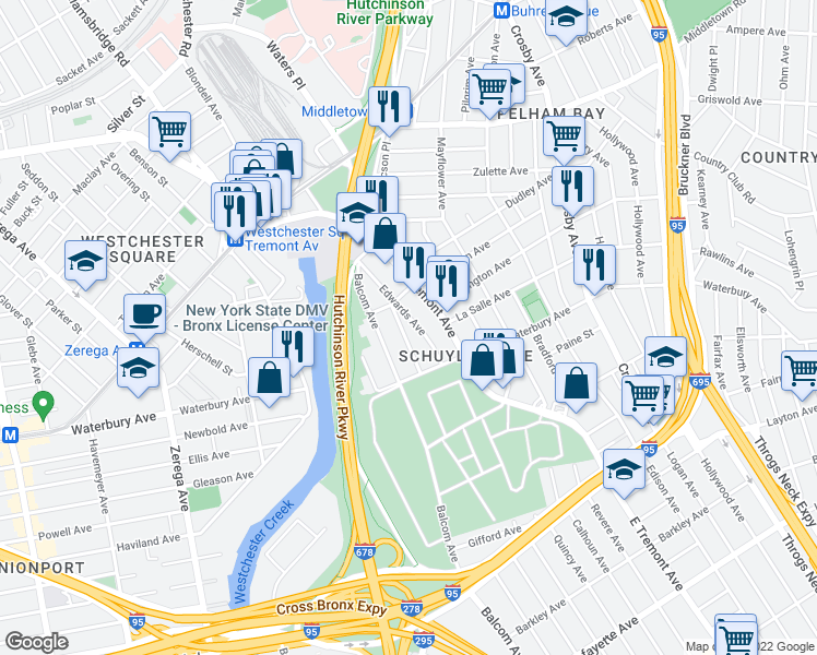 map of restaurants, bars, coffee shops, grocery stores, and more near 1338 Ellison Ave in Bronx