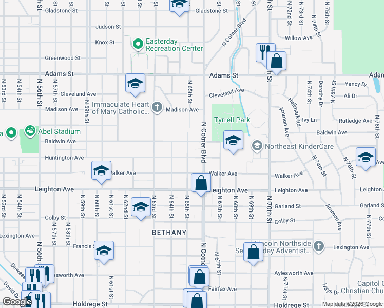 map of restaurants, bars, coffee shops, grocery stores, and more near 6512 Huntington Avenue in Lincoln