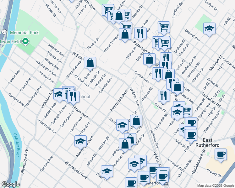map of restaurants, bars, coffee shops, grocery stores, and more near 43 Hasbrouck Place in Rutherford