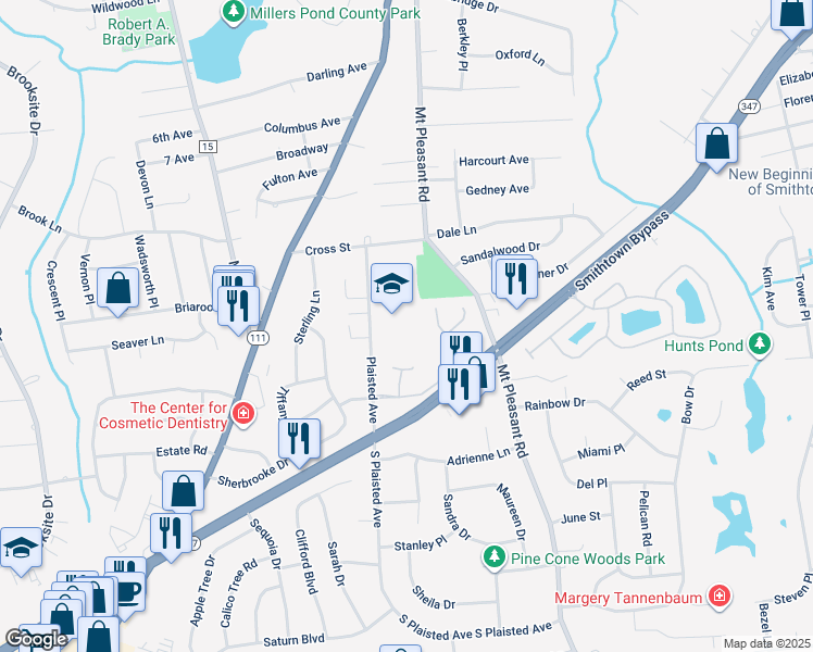 map of restaurants, bars, coffee shops, grocery stores, and more near 33 Plaisted Avenue in Smithtown