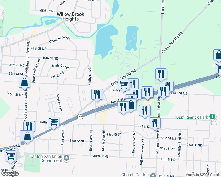 map of restaurants, bars, coffee shops, grocery stores, and more near 2810 Columbus Road Northeast in Canton
