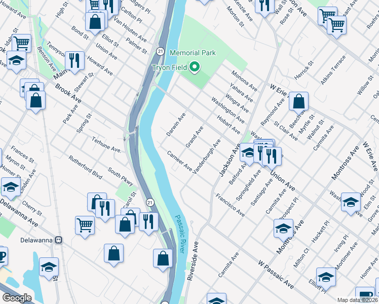 map of restaurants, bars, coffee shops, grocery stores, and more near 65 Hastings Avenue in Rutherford