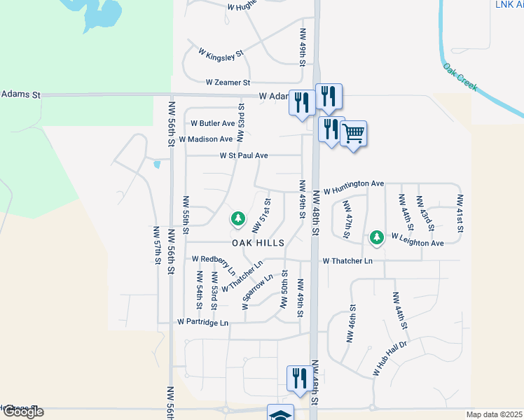 map of restaurants, bars, coffee shops, grocery stores, and more near 2407 Northwest 51st Street in Lincoln