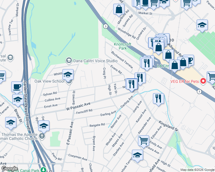 map of restaurants, bars, coffee shops, grocery stores, and more near 104 High Street in Bloomfield