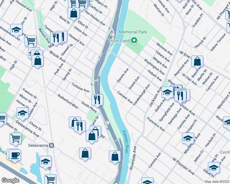 map of restaurants, bars, coffee shops, grocery stores, and more near 103 Carneer Avenue in Rutherford