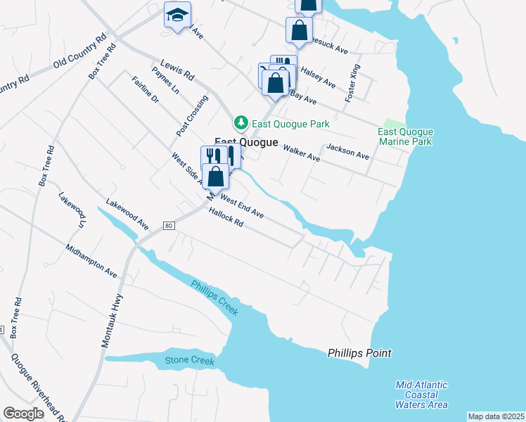 map of restaurants, bars, coffee shops, grocery stores, and more near 19 West End Avenue in East Quogue