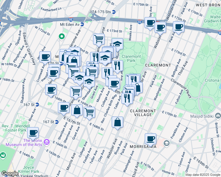 map of restaurants, bars, coffee shops, grocery stores, and more near E 170th St & College Ave in Bronx