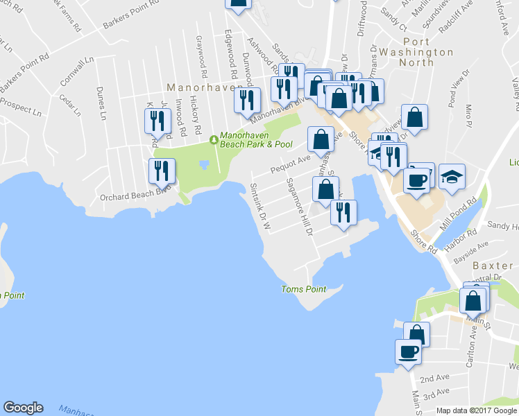 map of restaurants, bars, coffee shops, grocery stores, and more near 19 Sintsink Drive West in Port Washington