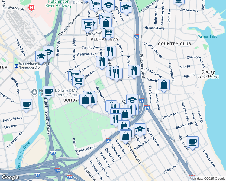 map of restaurants, bars, coffee shops, grocery stores, and more near 2967 Paine Street in Bronx
