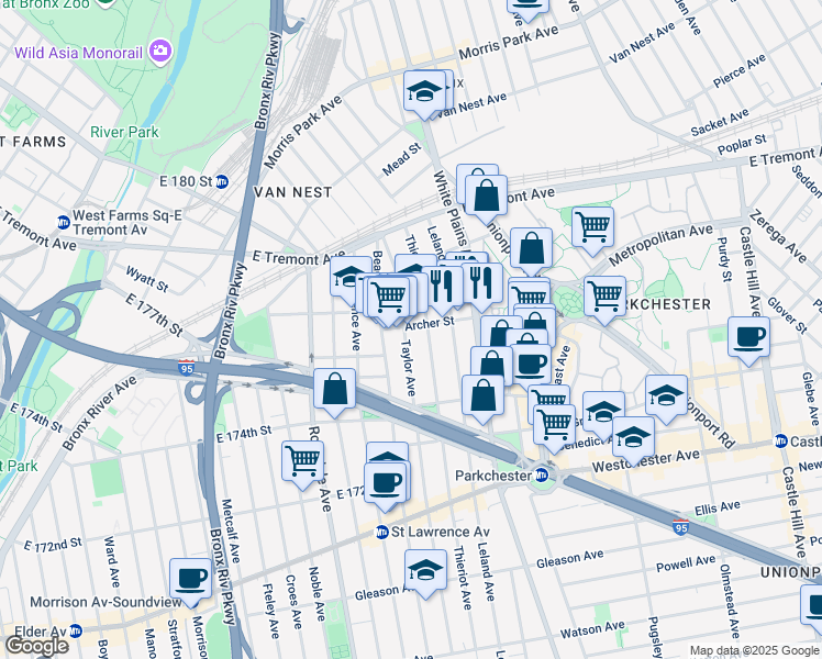 map of restaurants, bars, coffee shops, grocery stores, and more near in The Bronx