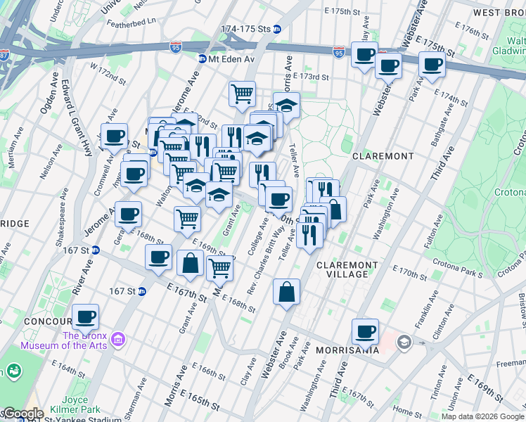 map of restaurants, bars, coffee shops, grocery stores, and more near in The Bronx