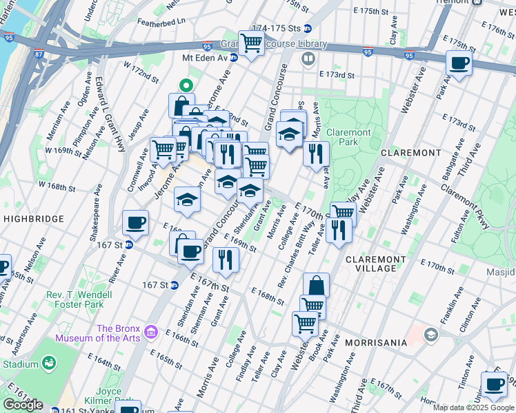 map of restaurants, bars, coffee shops, grocery stores, and more near 1360 Grant Avenue in The Bronx