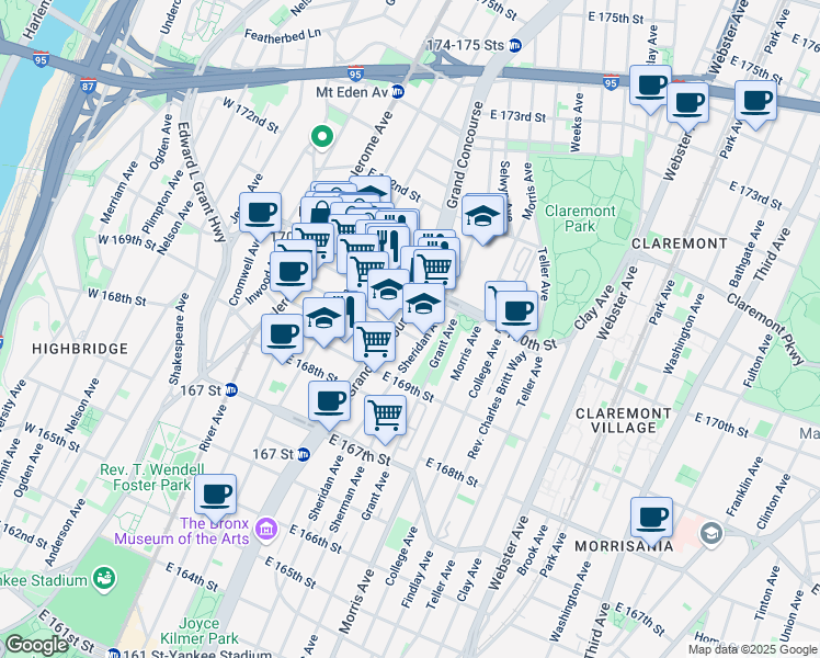 map of restaurants, bars, coffee shops, grocery stores, and more near 1350 Grand Concourse in Bronx