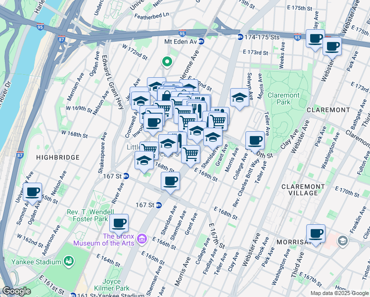 map of restaurants, bars, coffee shops, grocery stores, and more near in The Bronx