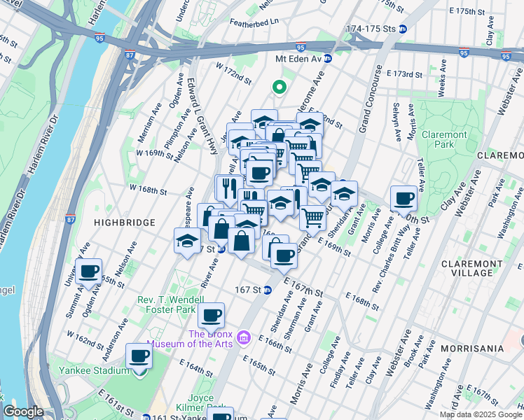 map of restaurants, bars, coffee shops, grocery stores, and more near 31 East 169th Street in Bronx