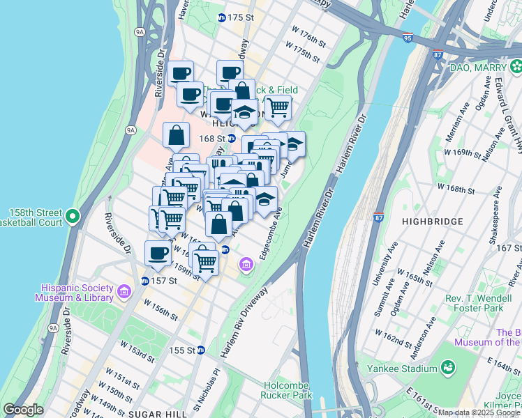 map of restaurants, bars, coffee shops, grocery stores, and more near 484 West 165th Street in New York