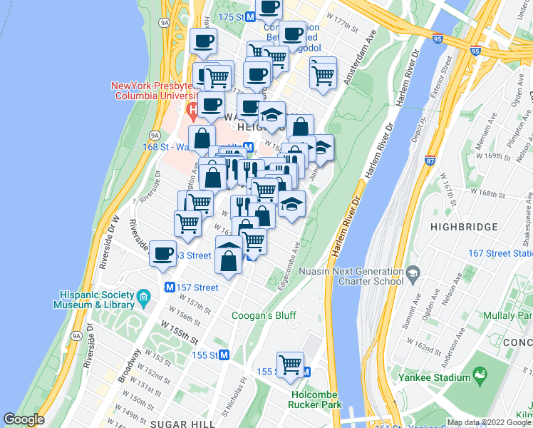 map of restaurants, bars, coffee shops, grocery stores, and more near 509 West 163rd Street in New York