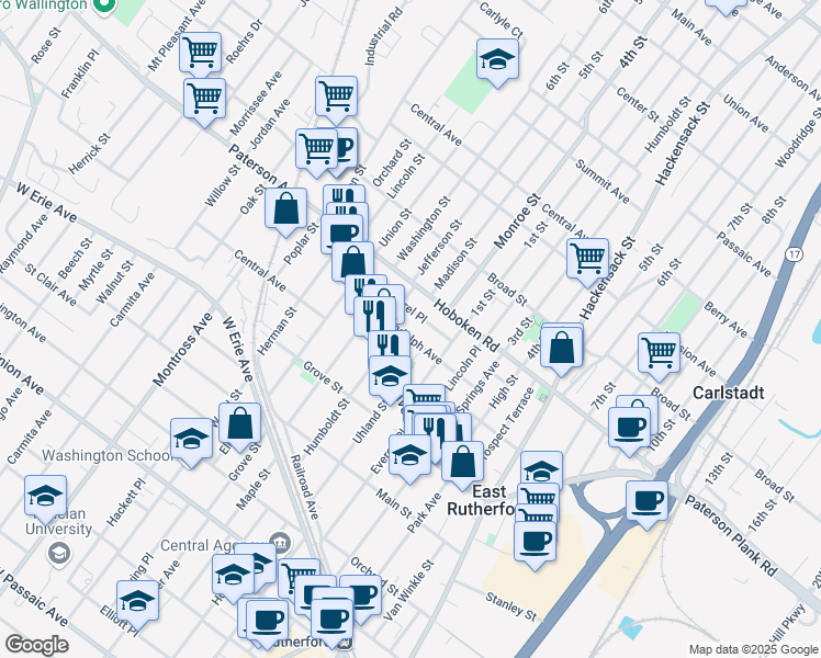 map of restaurants, bars, coffee shops, grocery stores, and more near 277 Randolph Avenue in East Rutherford