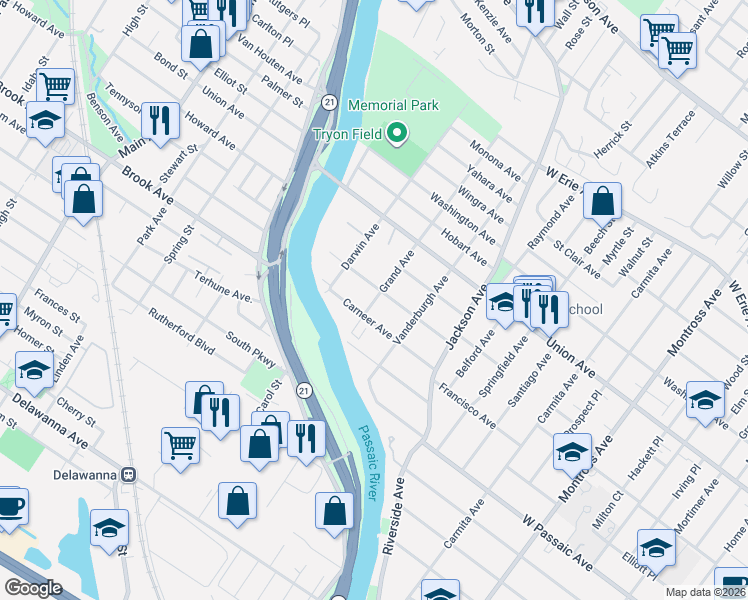 map of restaurants, bars, coffee shops, grocery stores, and more near 218 Grand Avenue in Rutherford