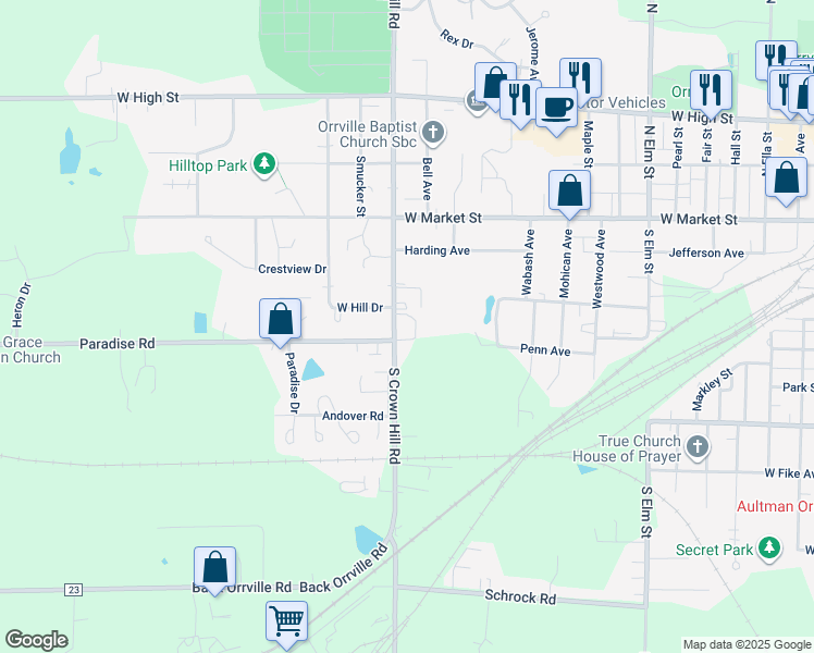 map of restaurants, bars, coffee shops, grocery stores, and more near 225 South Crown Hill Road in Orrville