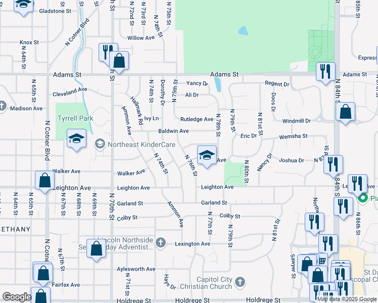 map of restaurants, bars, coffee shops, grocery stores, and more near 7606 Willard Avenue in Lincoln