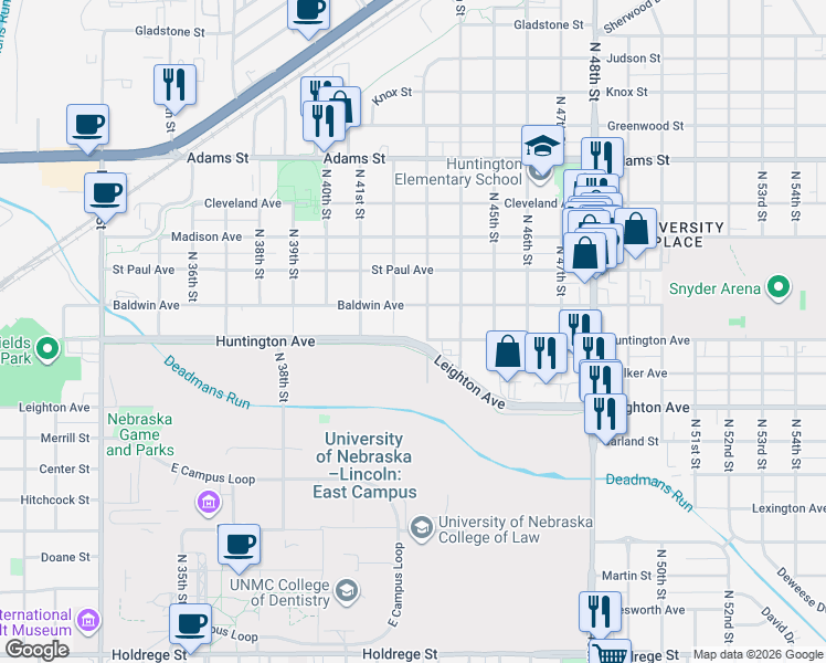 map of restaurants, bars, coffee shops, grocery stores, and more near 4302 Huntington Avenue in Lincoln