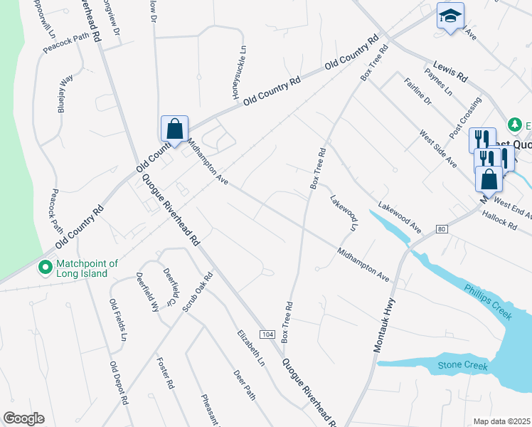 map of restaurants, bars, coffee shops, grocery stores, and more near 29 Midhampton Avenue in Quogue