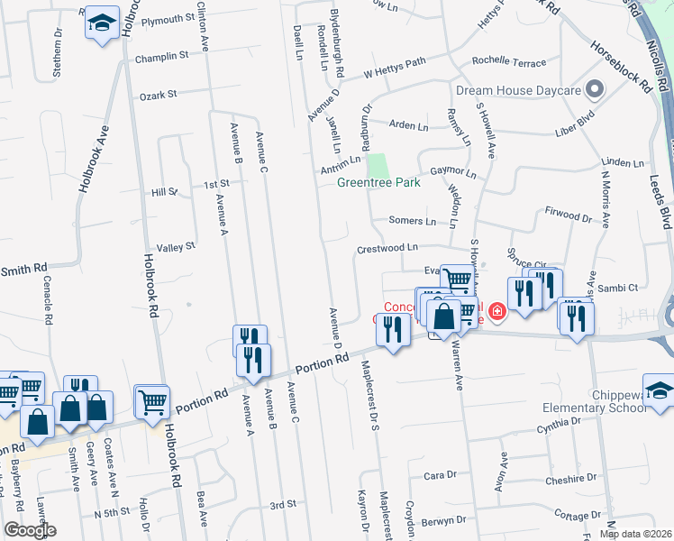 map of restaurants, bars, coffee shops, grocery stores, and more near 31 Avenue D in Ronkonkoma
