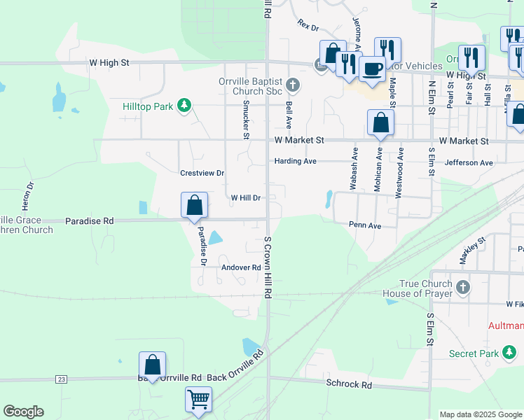 map of restaurants, bars, coffee shops, grocery stores, and more near 225 South Crown Hill Road in Orrville