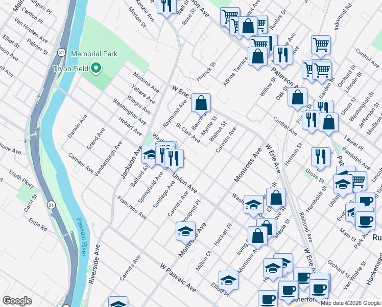 map of restaurants, bars, coffee shops, grocery stores, and more near 15 Sunderland Avenue in Rutherford