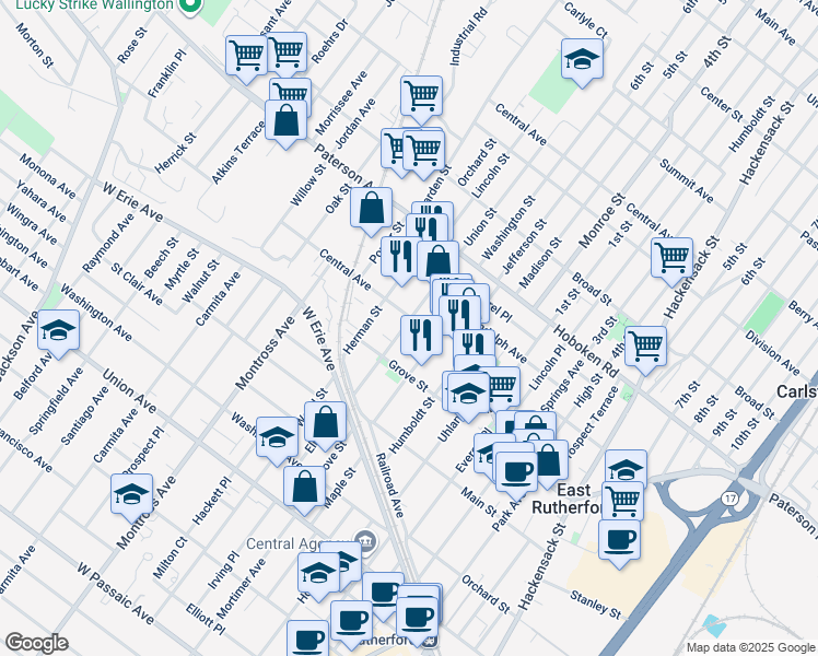 map of restaurants, bars, coffee shops, grocery stores, and more near 74 Mozart Street in East Rutherford